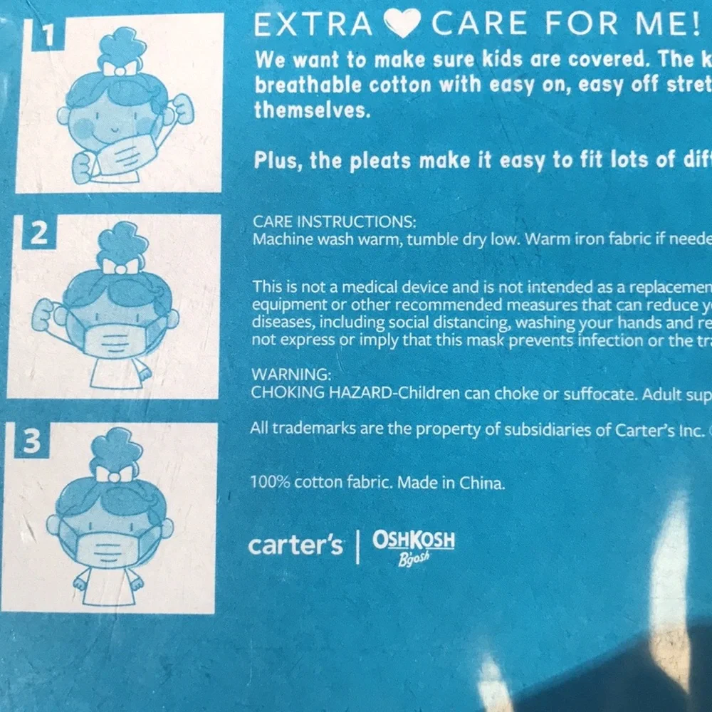 12 New Carter’s Kiddo Face Masks for Kids 2-14 y/o. 4 packs with 3 mask/ packs